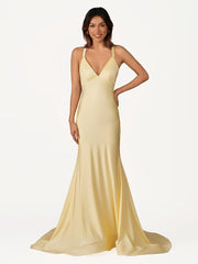 Quaylee | Yellow Mermaid V-Neck Satin Prom Dresses With Tail Evening Dress