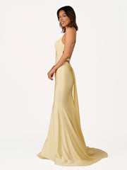 Quaylee | Yellow Mermaid V-Neck Satin Prom Dresses With Tail Evening Dress