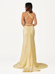 Quaylee | Yellow Mermaid V-Neck Satin Prom Dresses With Tail Evening Dress
