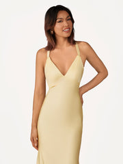 Quaylee | Yellow Mermaid V-Neck Satin Prom Dresses With Tail Evening Dress