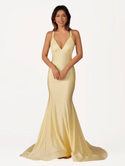 Quaylee | Yellow Mermaid V-Neck Satin Prom Dresses With Tail Evening Dress