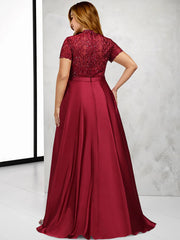 A-Line Plus Size Curve Mother of the Bride Dresses Vintage Dress Formal Asymmetrical Short Sleeve High Neck Taffeta with Pleats