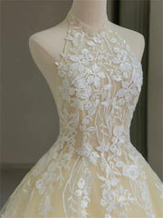 Yellow Lace Tulle Prom Dresses with Halter Neck & Open Back - FD5170