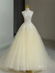 Yellow Lace Tulle Prom Dresses with Halter Neck & Open Back - FD5170