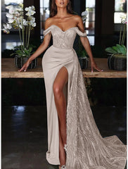 Mermaid Dress Evening Gown Red Green Dress Dress Formal Wedding Guest Court Train Sleeveless Off Shoulder Charmeuse with Ruched Sequin Slit