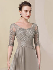 Aimishang Two Piece A-Line Mother of the Bride Dress Formal Wedding Guest Elegant High Low V Neck Asymmetrical Tea Length Chiffon Lace Half Sleeve Wrap Included with Ruched Appliques