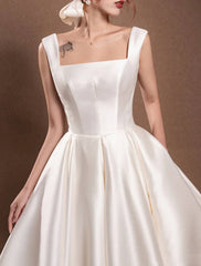 Aimishang Reception Simple Wedding Dresses Wedding Dresses A-Line Off Shoulder Cap Sleeve Tea Length Satin Bridal Gowns With Pleats Ruched