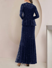 Aimishang Two Piece A-Line Mother of the Bride Dress Formal Wedding Guest Elegant Scoop Neck Floor Length Lace Long Sleeve with Sequin Crystal Brooch