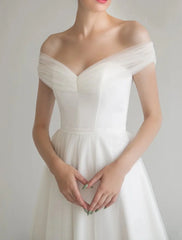 Wholesale Bridal Shower Little White Dresses Wedding Dresses A-Line Off Shoulder Sleeveless Tea Length Satin Bridal Gowns With Solid Color