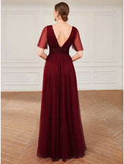 A-Line Bridesmaid Dress V Neck Short Sleeve Plus Size Floor Length Tulle with Ruffles / Draping / Tier 2024 / Butterfly Sleeve