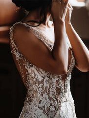 Wholesale Beach Open Back Sexy Boho Wedding Dresses Mermaid / Trumpet V Neck Sleeveless Court Train Lace Bridal Gowns With Appliques