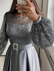A-Line Evening Gown Elegant Dress Wedding Black Tie Floor Length Long Sleeve Jewel Neck Fall Wedding Guest Satin with Sequin