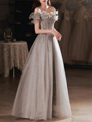 A-Line Prom Dresses Sparkle & Shine Dress Wedding Guest Prom Floor Length Short Sleeve Off Shoulder Polyester with Sequin Ruffles