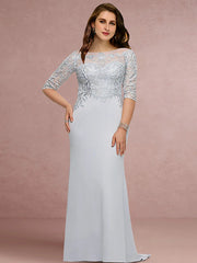 Plus Size Curve Mother of the Bride Dress Wedding Guest Vintage Elegant Scoop Neck Sweep / Brush Train Chiffon Lace Half Sleeve