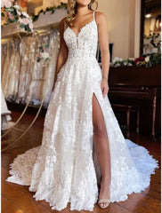Beach Mature Wedding Dresses A-Line Camisole Sleeveless Court Train Lace Bridal Gowns With Pleats Split Front