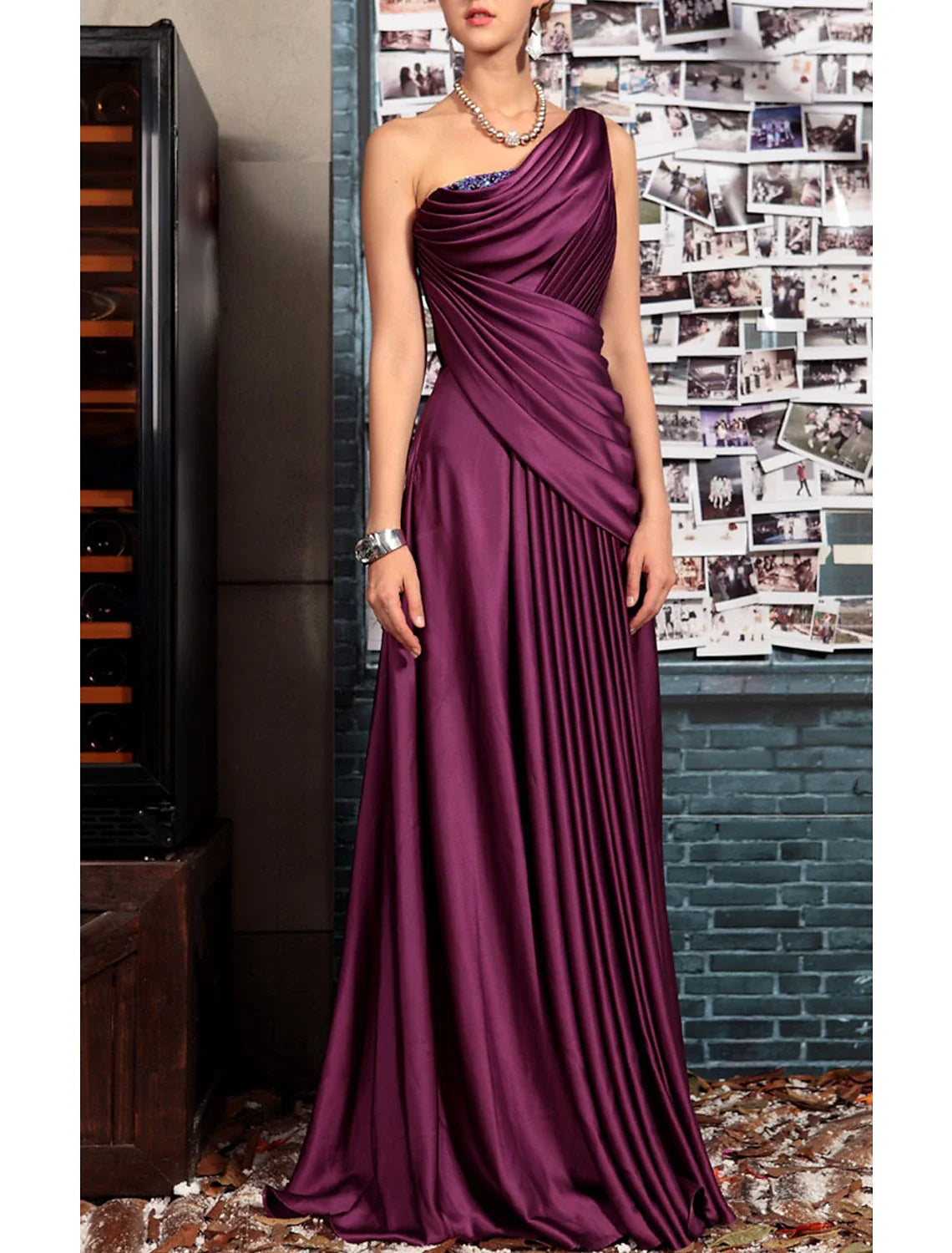 Aimishang Sheath Black Dress Evening Gown Elegant Dress Formal Evening Floor Length Sleeveless One Shoulder Fall Wedding Guest Satin Backless with Pleats Crystals Draping