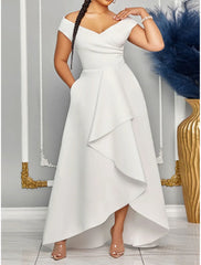 Women's Prom Dress Party Dress Wedding Guest Dress Long Dress Maxi Dress Black White Red Short Sleeve Plain Ruffle Summer Spring Fall V Neck Elegant Wedding Guest Evening Party Vacation