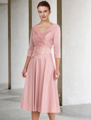 A-Line Mother of the Bride Dress Vintage Elegant V Neck Tea Length Satin Lace Half Sleeve with Appliques Side-Draped