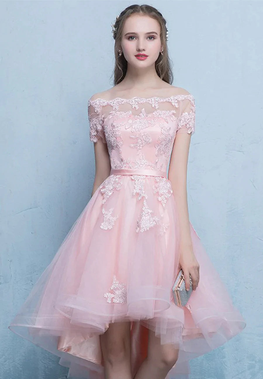 Pink Lace High Low Prom Dress, A-Line Off the Shoulder Party Dress