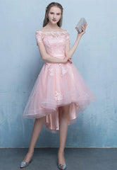 Pink Lace High Low Prom Dress, A-Line Off the Shoulder Party Dress