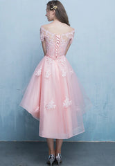 Pink Lace High Low Prom Dress, A-Line Off the Shoulder Party Dress
