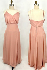 Banden blush roze chiffon riemen lange bruidsmeisje jurk