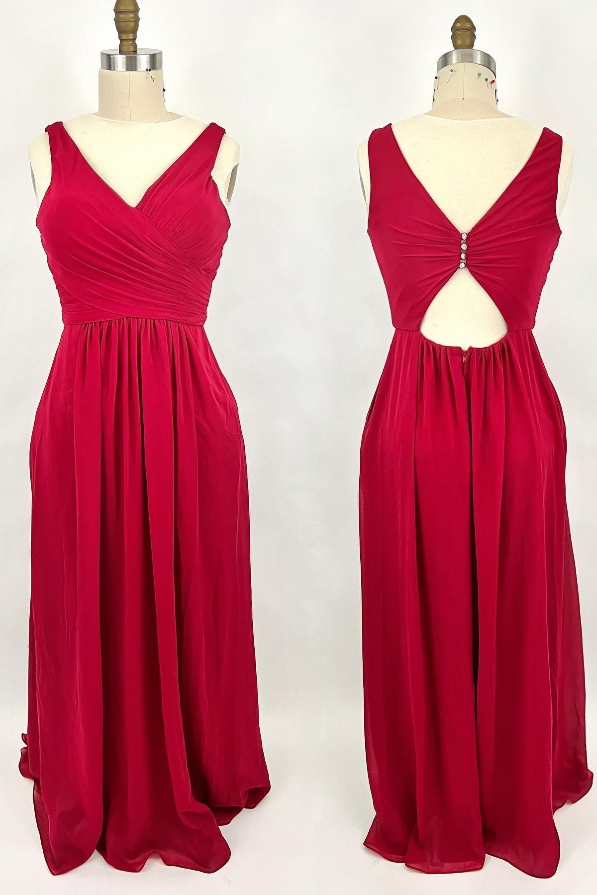 Ruched Red V Neck A-Line lange bruidsmeisje jurk
