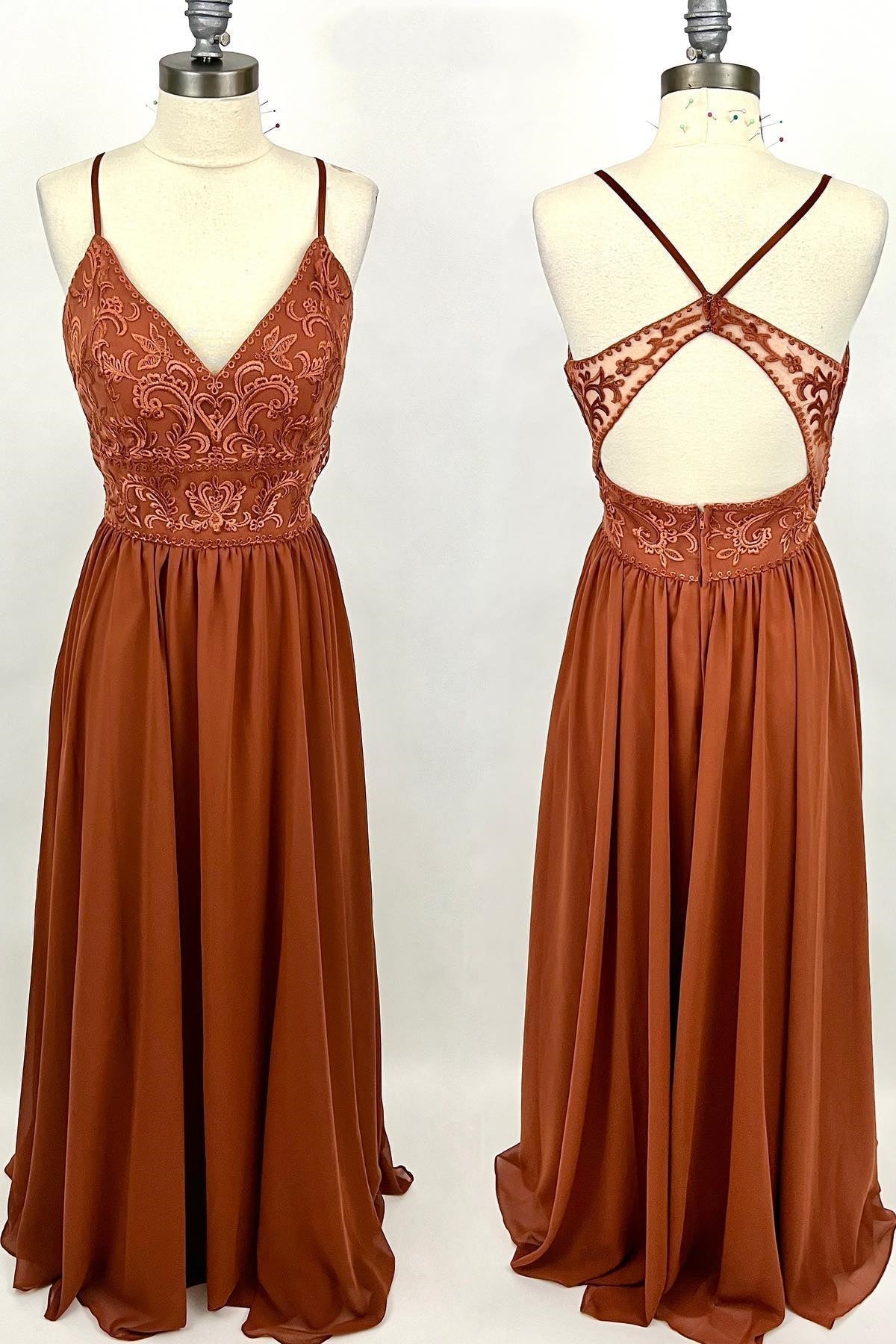 Roest oranje kant en chiffon a-line lange bruidsmeisje jurk