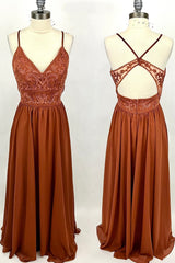 Roest oranje kant en chiffon a-line lange bruidsmeisje jurk