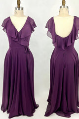 Ruches Purple Chiffon A-lijn lange bruidsmeisje jurk