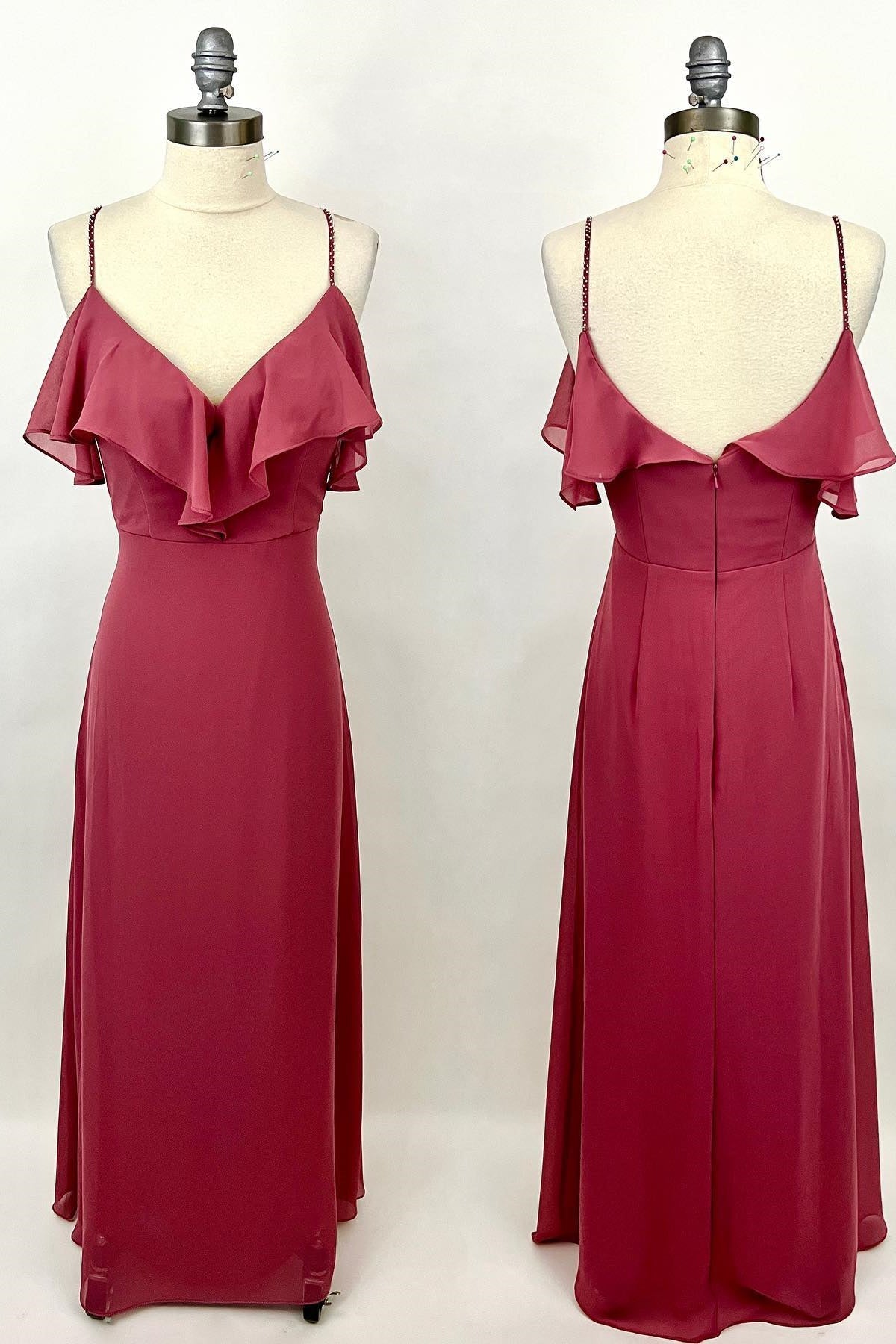 BANDEN WINE ROOD CHIFFON FURCOUND LANGE BRIDESMAD JURK