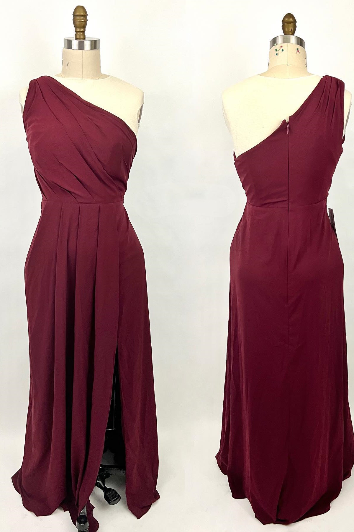 Ruched Wine Red Eén schouder A-lijn A-lijn lange bruidsmeisje jurk