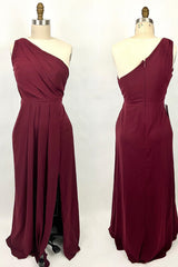 Ruched Wine Red Eén schouder A-lijn A-lijn lange bruidsmeisje jurk