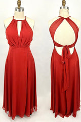 Schep rode A-lijn Chiffon Long Bruidsmeisje jurk met open rug