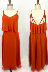Banden schieten oranje chiffon lange bruidsmeisje jurk