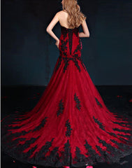 Wine Red Mermaid Long Party Dress with Black Lace, Mermaid Tulle Prom Dress
