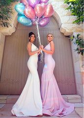 Trumpet/Mermaid V-neck Sleeveless Sweep/Brush Train Ruffles Stretch Crepe Bridesmaid Dresses
