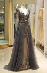 Unique Prom Dress Long Sleeves Tulle V-neck Neckline Floor-length A-line,Evening Dress, Formal Dress