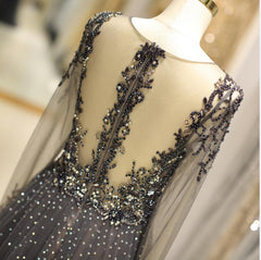 Unique Prom Dress Long Sleeves Tulle V-neck Neckline Floor-length A-line,Evening Dress, Formal Dress