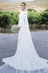 Simple Long Sleeves White Beach Wedding Dresses Low Back