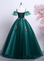 Dark Green Off Shoulder Tulle Party Dress with Lace, Green Formal Dress Prom Dress