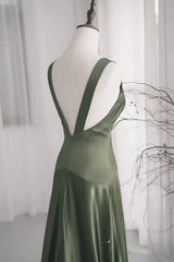 Dark Green V-neckline Low Back A-line Prom Dress, Dark Green Formal Dress