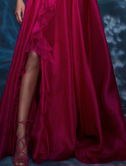 A-Line Evening Gown Celebrity Style Dress Red Green Dress Formal Wedding Guest Floor Length Sleeveless V Neck Chiffon with Slit Pure Color