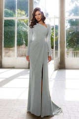 Radiant Asymmetric Pleated Slit Prom Gown with Long Sleeves