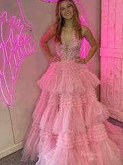 Radiant Sparkly Tulle Prom Dresses 2025 Ruffled Lace Halter Neck Formal Gown with Slit FD3730