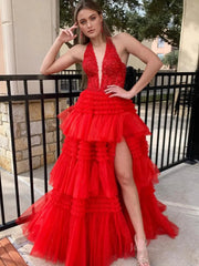 Radiant Sparkly Tulle Prom Dresses 2025 Ruffled Lace Halter Neck Formal Gown with Slit FD3730