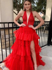 Radiant Sparkly Tulle Prom Dresses 2025 Ruffled Lace Halter Neck Formal Gown with Slit FD3730