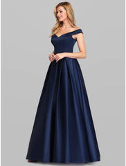 A-Line Evening Gown Elegant Luxurious Dress Wedding Guest Floor Length Sleeveless Plunging Charmeuse with Ruched
