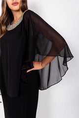R&M Richards 2328 Long Formal Chiffon Cape Dress Black