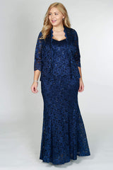 R&M Richards 5385 Formal Jacket Lace Long Dress Navy